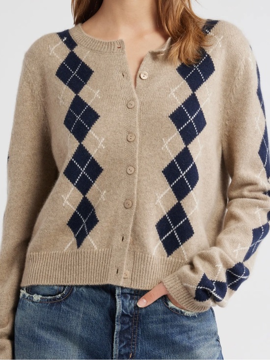 Reformation Sweaters - Reformation Women’s Clara Cashmere Cardigan with beige and Navy Diamonds